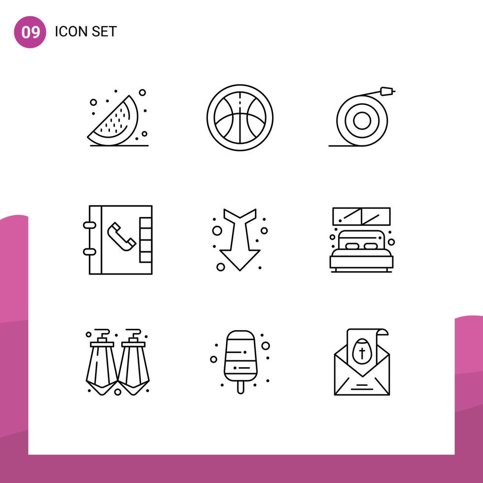 Mobile Interface Outline Set of 9 Pictograms of room bed water straight down Editable Vector Design Elements