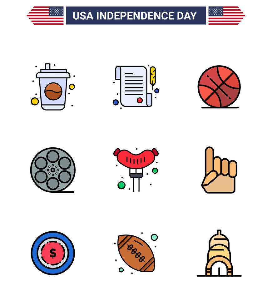 feliz día de la independencia 9 líneas llenas planas paquete de iconos para web e impresión bola de comida de salchicha juego americano elementos de diseño vectorial del día de estados unidos editables vector