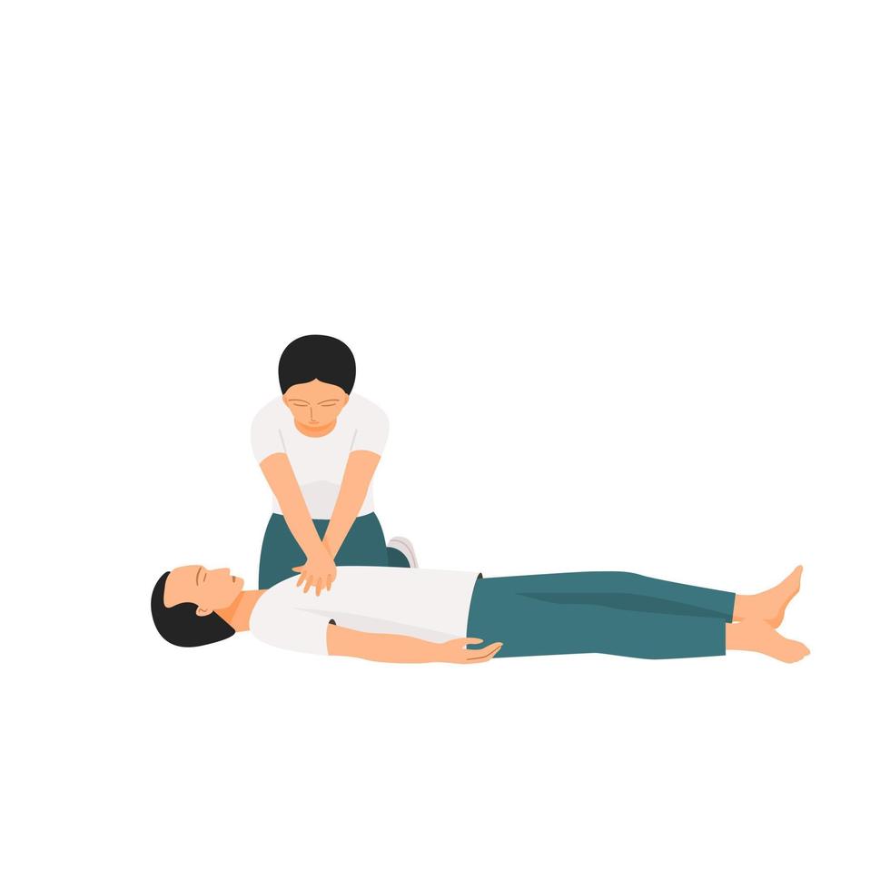 Chest CPR emergency rescue process on human heart attack, flat vector illustration.