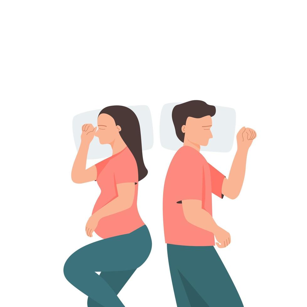Pregnant wife and husband sleeping on bed, unhappy couple concept. flat vector illustration.