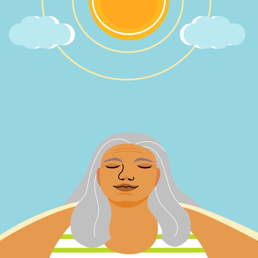 A seniors woman standing in the sunlight and clear sky, aging youthfully concept. flat vector illustration.