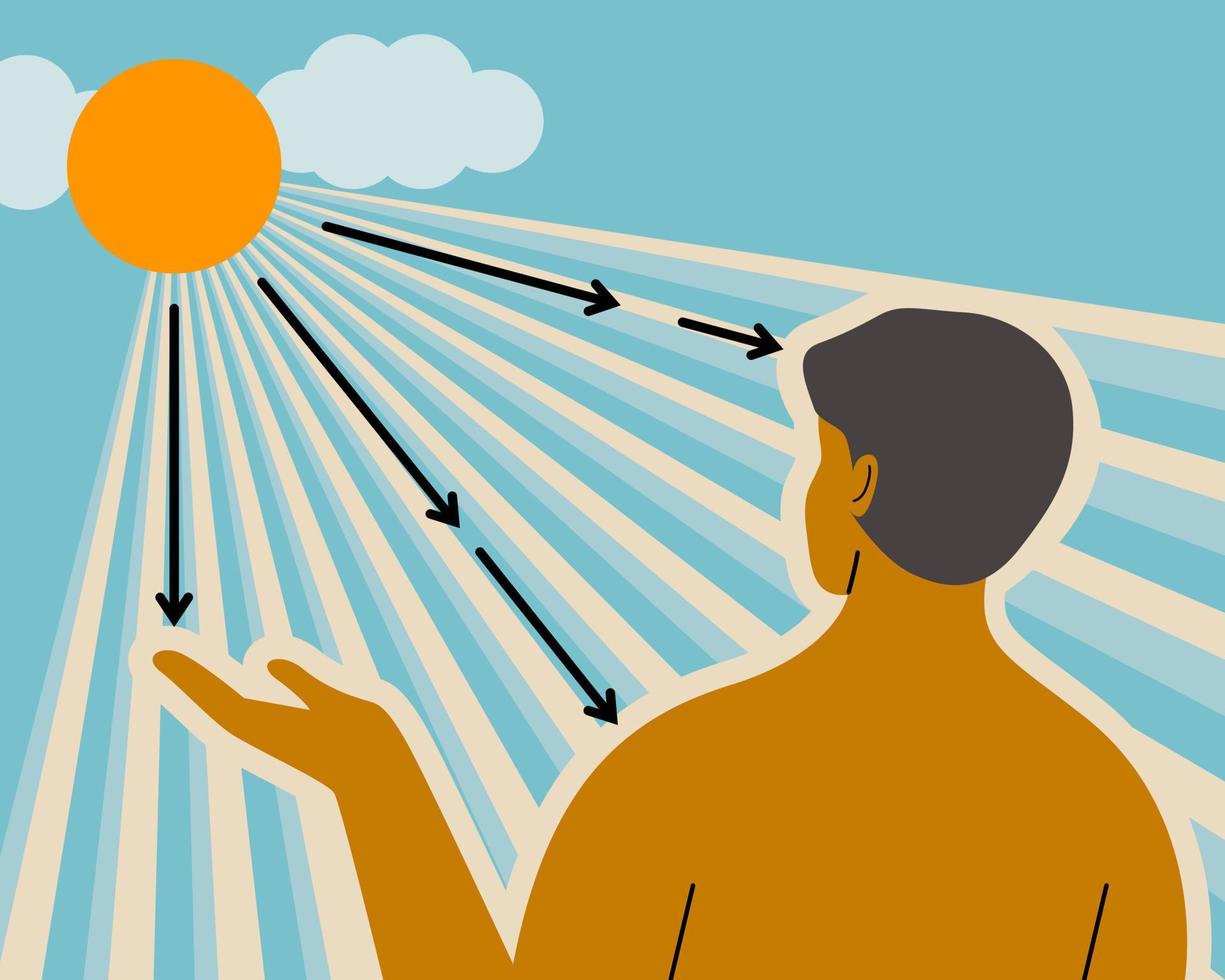 un hombre bronceado parado bajo el sol para obtener más vitamina d del sol, ilustración vectorial plana. vector