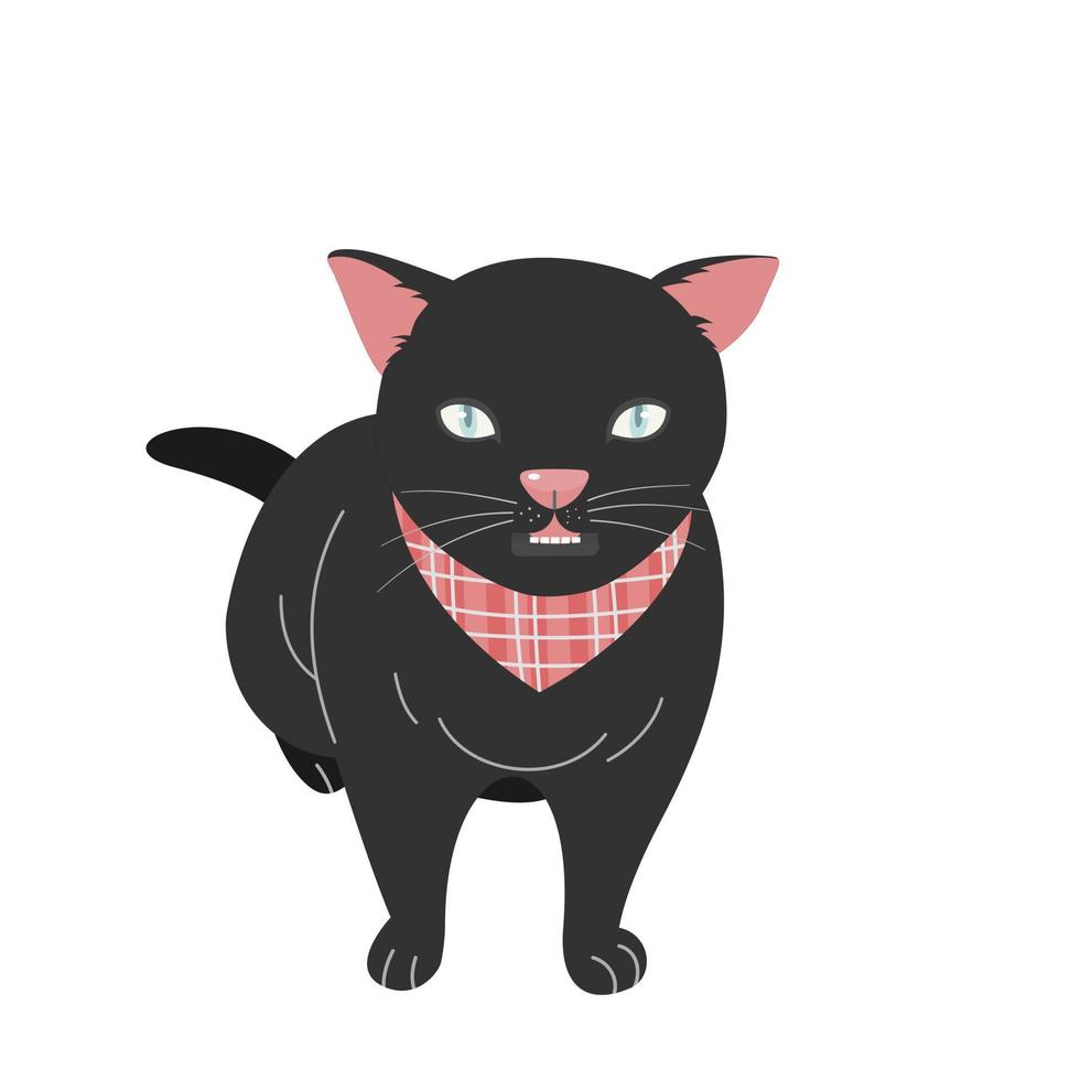 lindo gato negro con bufanda aislado en estilo vector plano.