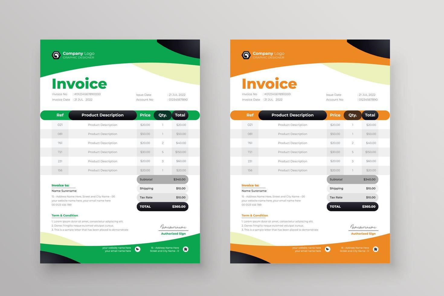 Invoice design for corporate business marketing company clean restaurant letterhead design vector