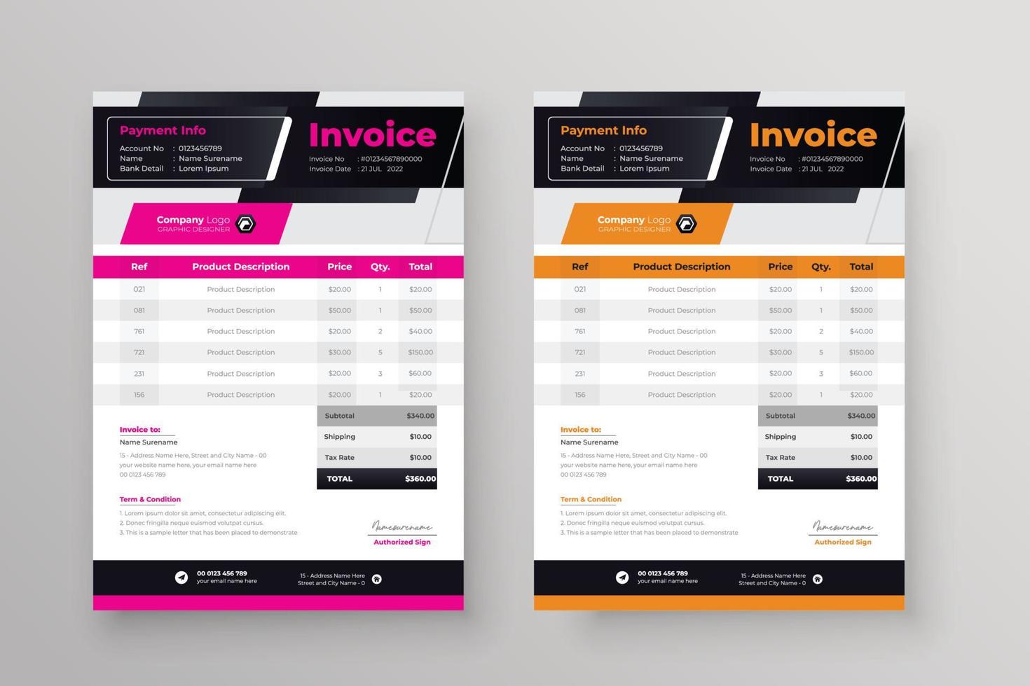 Invoice design for corporate business marketing company clean restaurant letterhead design vector