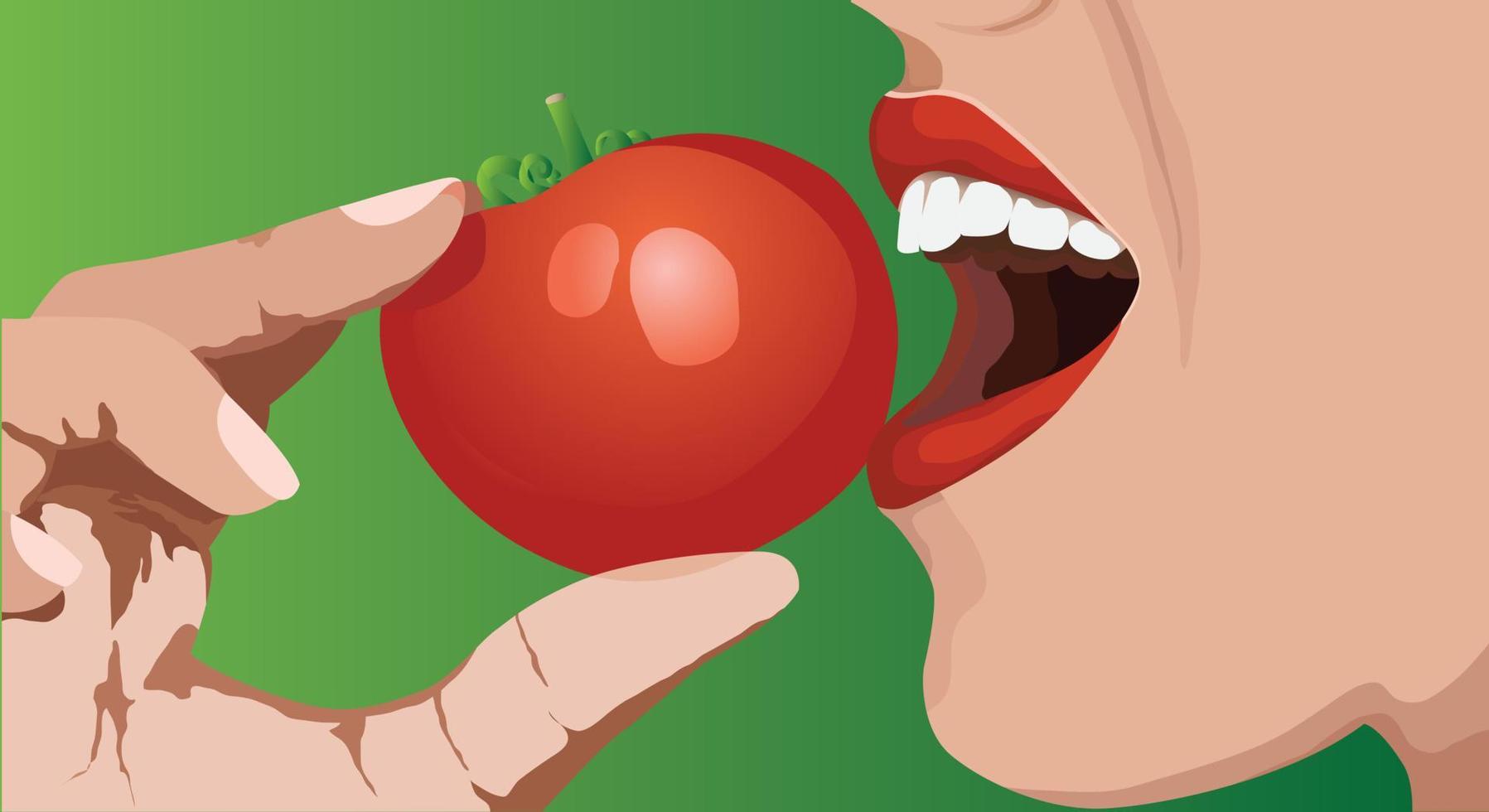 Woman eating vector tomatoes on green background