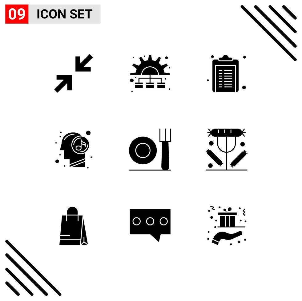 Solid Glyph Pack of 9 Universal Symbols of restaurant fork medicine relaxed mind Editable Vector Design Elements