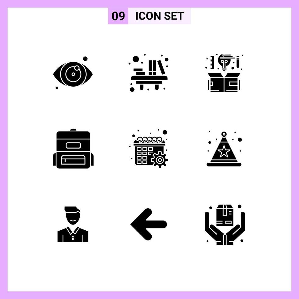 Modern Set of 9 Solid Glyphs Pictograph of gear schoolbag computer education thinking Editable Vector Design Elements