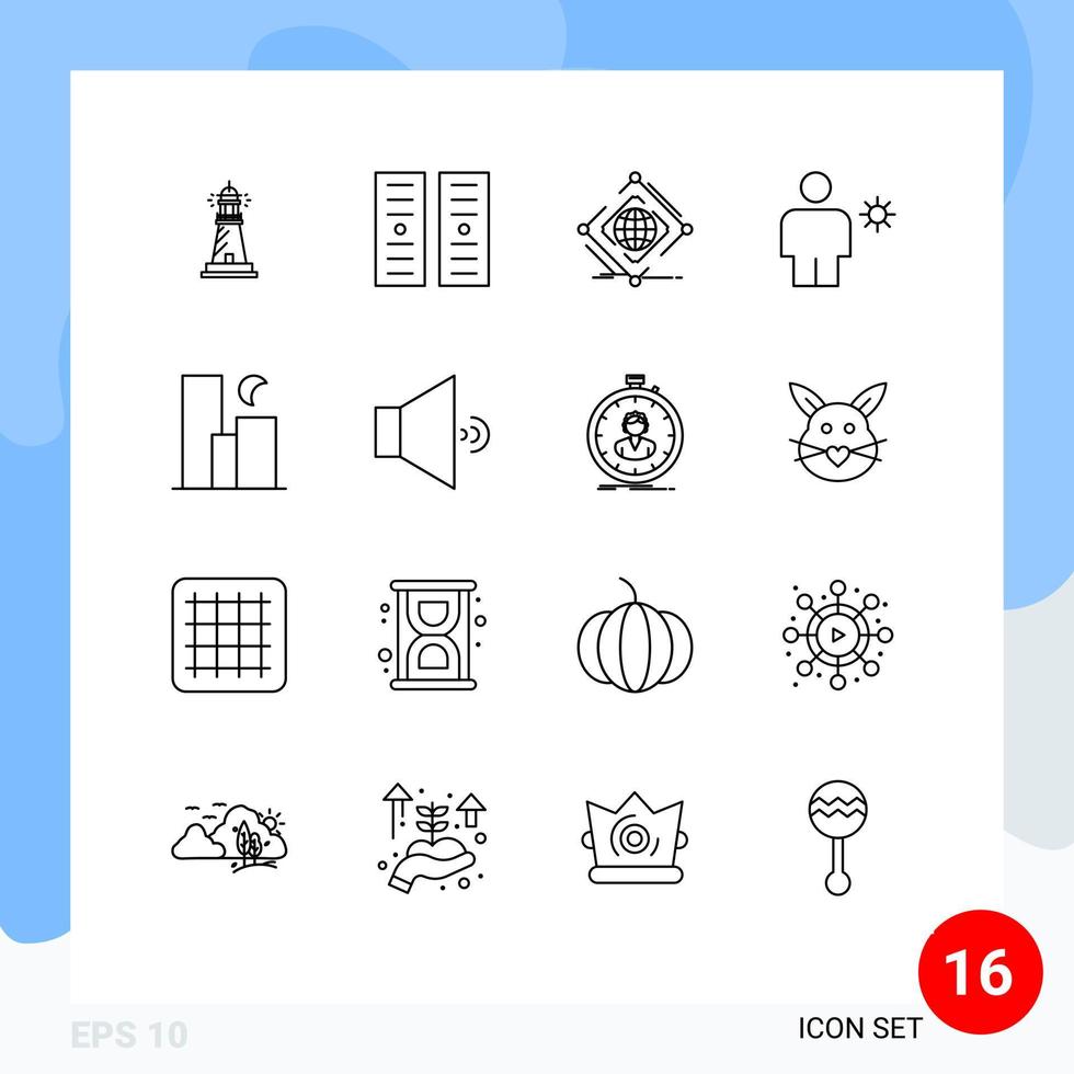 Universal Icon Symbols Group of 16 Modern Outlines of sun human complex body web Editable Vector Design Elements