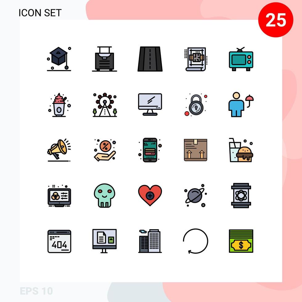 Mobile Interface Filled line Flat Color Set of 25 Pictograms of food television road tv plan Editable Vector Design Elements