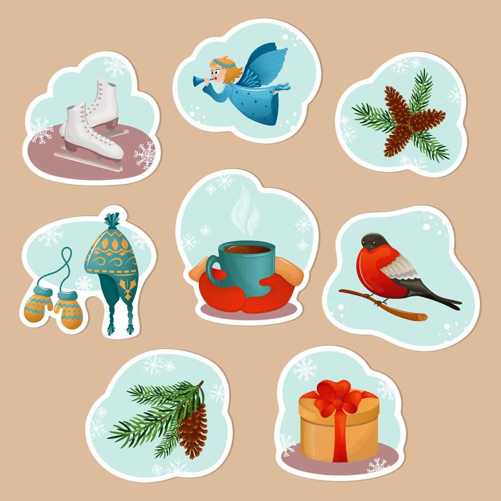 Collection of winter stickers. Cozy winter compositions on blue background with snowflakes. Vector illustration.