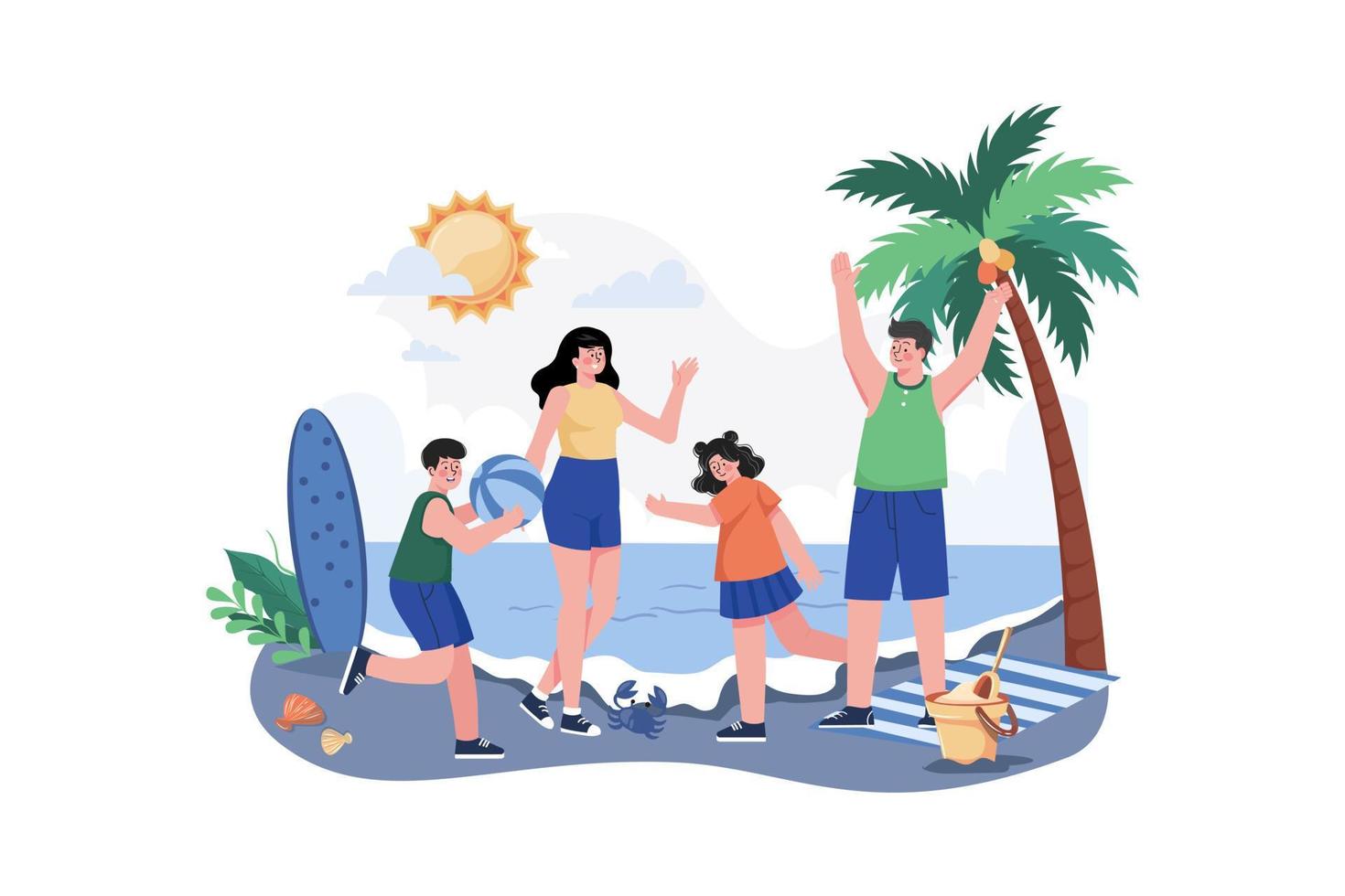 concepto de ilustración de vacaciones familiares en la playa. una ilustración plana aislada sobre fondo blanco vector