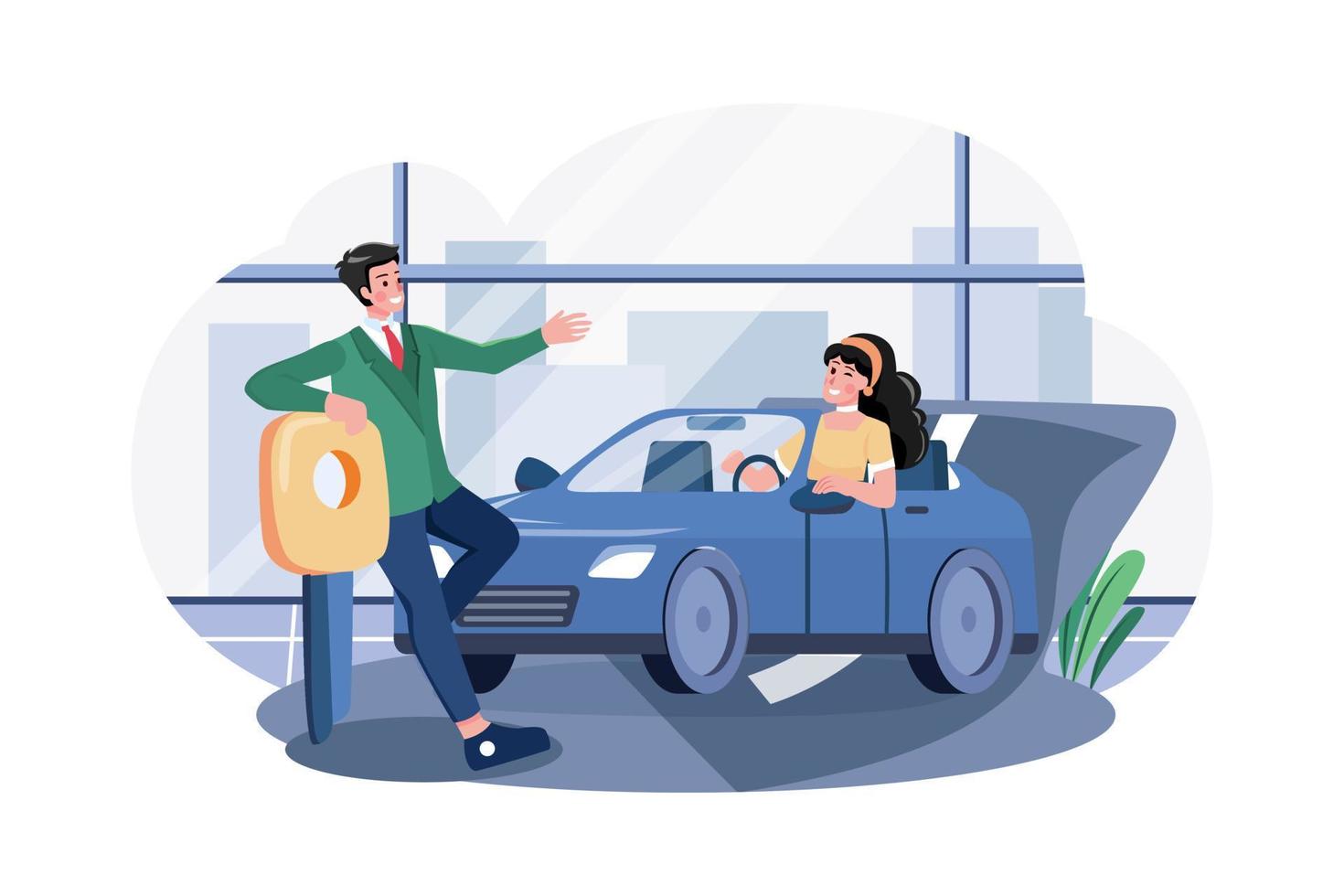 Female Customer Taking Test Ride Of New Car vector