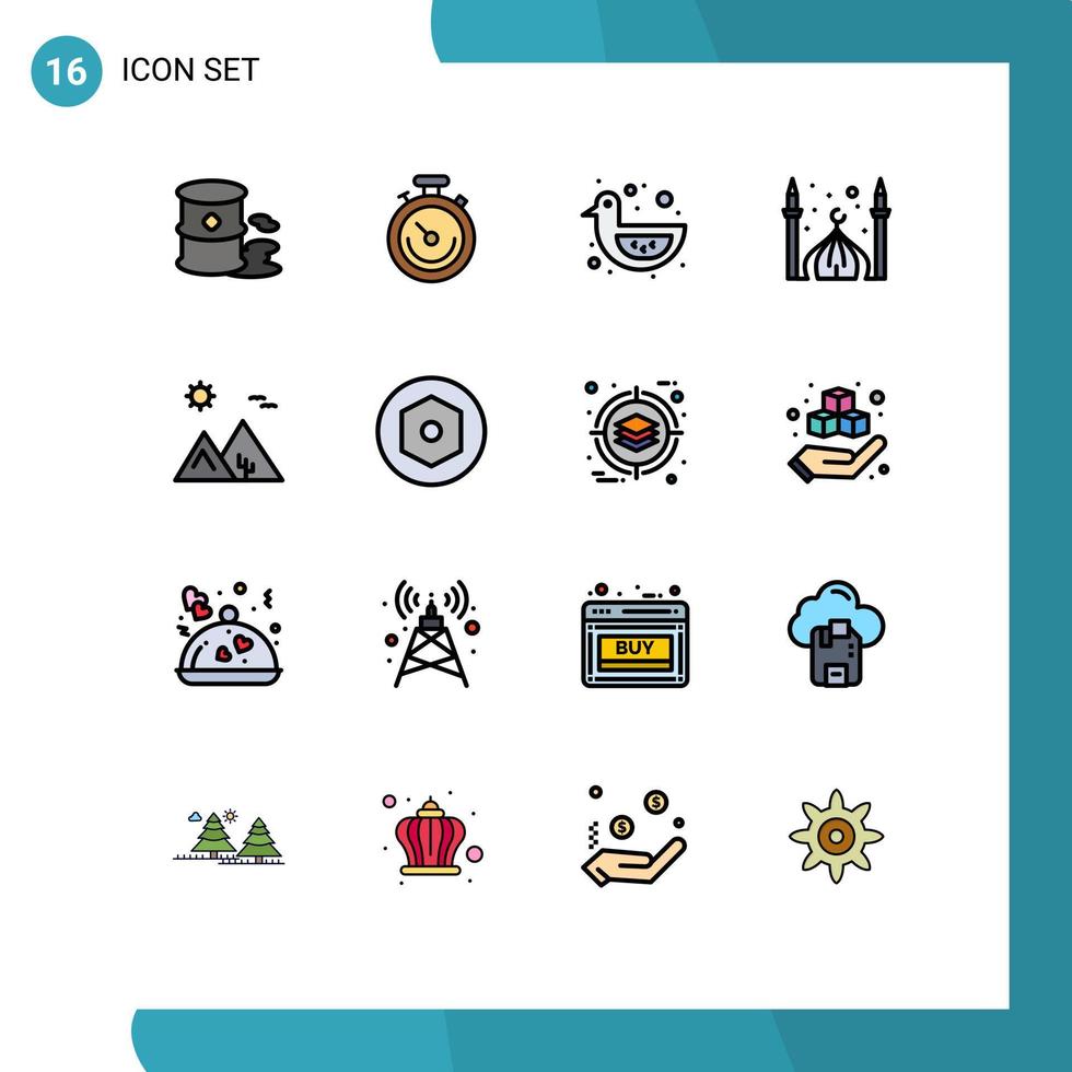 Modern Set of 16 Flat Color Filled Lines Pictograph of arabia moon baby duck cresent mosque Editable Creative Vector Design Elements