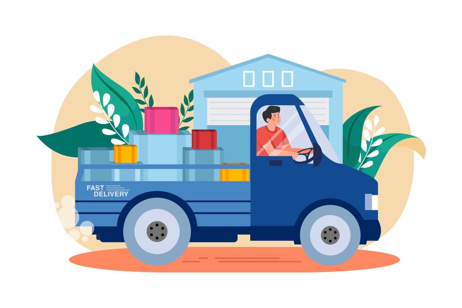 Delivery Man Deliver Multiple Packages On The Delivery Cart vector