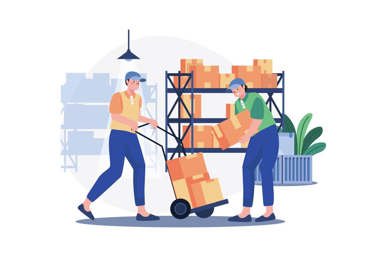 Warehouse Workers Arranging Boxes Illustration concept. A flat illustration isolated on white background vector