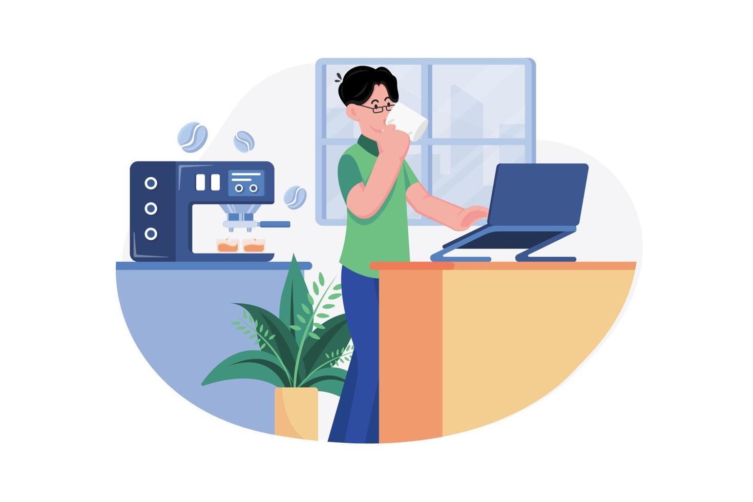 Employee Drinking Coffee While Working From Home vector