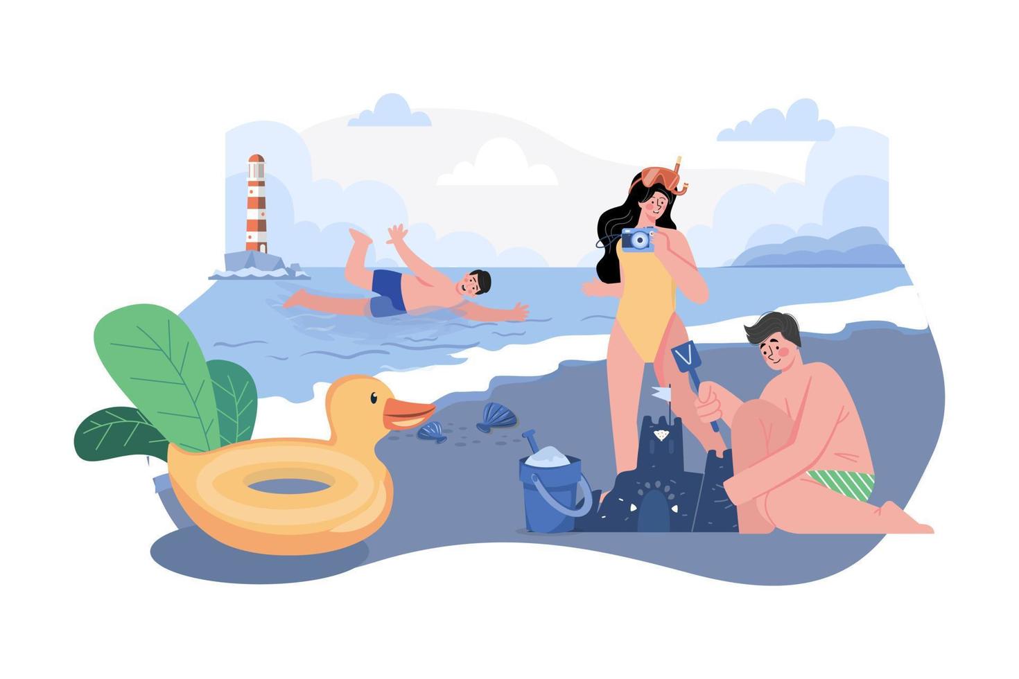 amigos jugando en el concepto de ilustración de playa. una ilustración plana aislada sobre fondo blanco vector