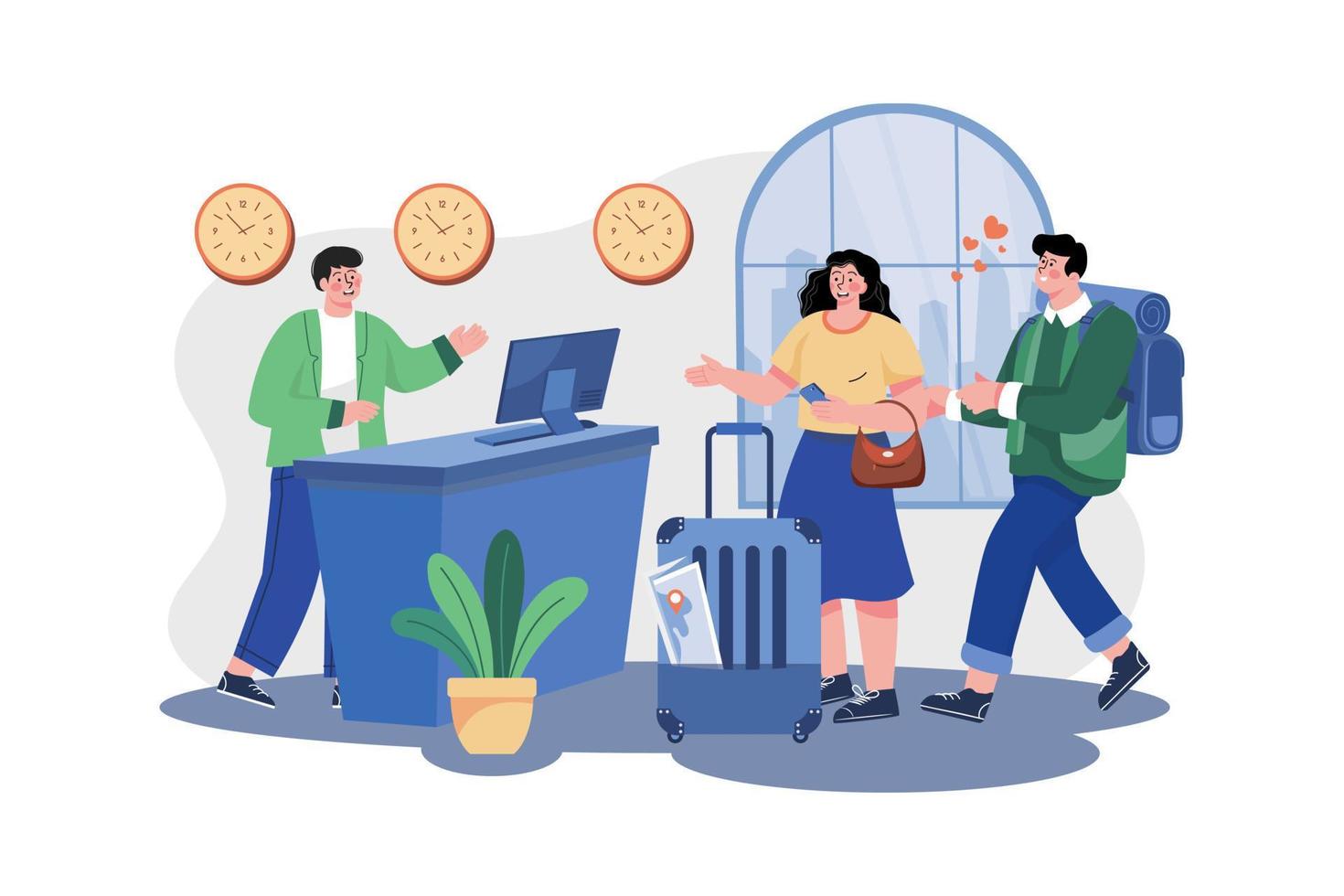 Young Couple With Suitcases Is Standing At The Hotel Reception Desk vector