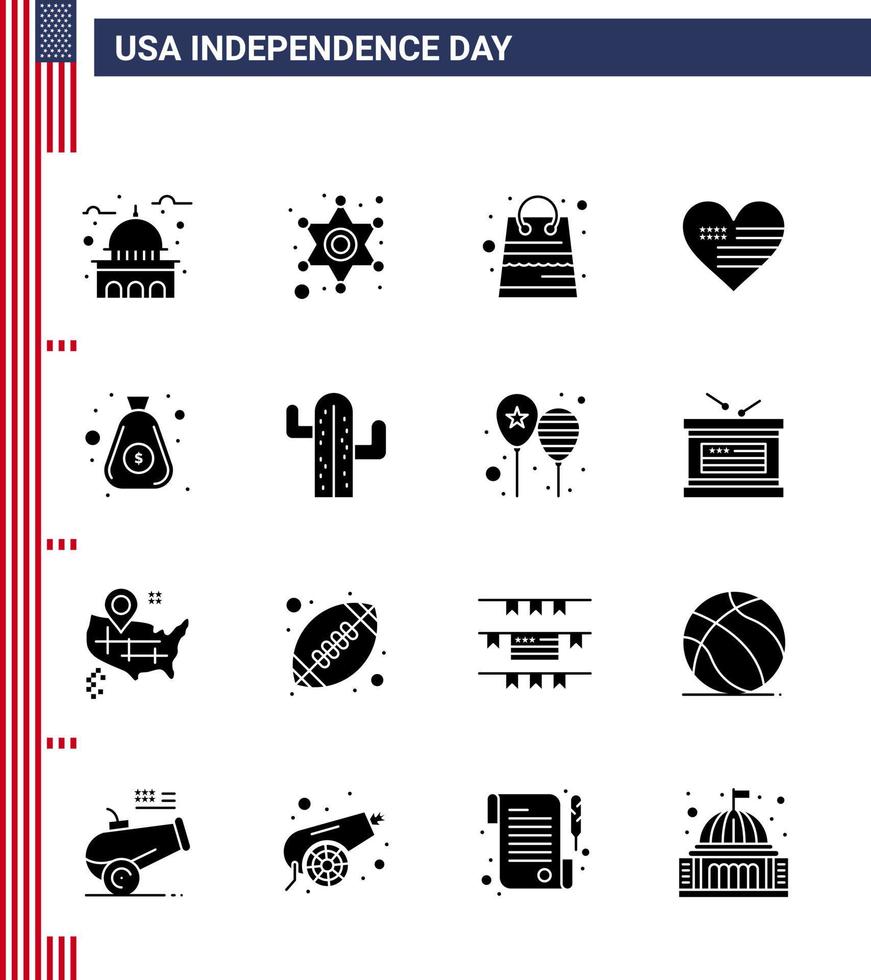 Group of 16 Solid Glyphs Set for Independence day of United States of America such as dollar american police sign love shop Editable USA Day Vector Design Elements