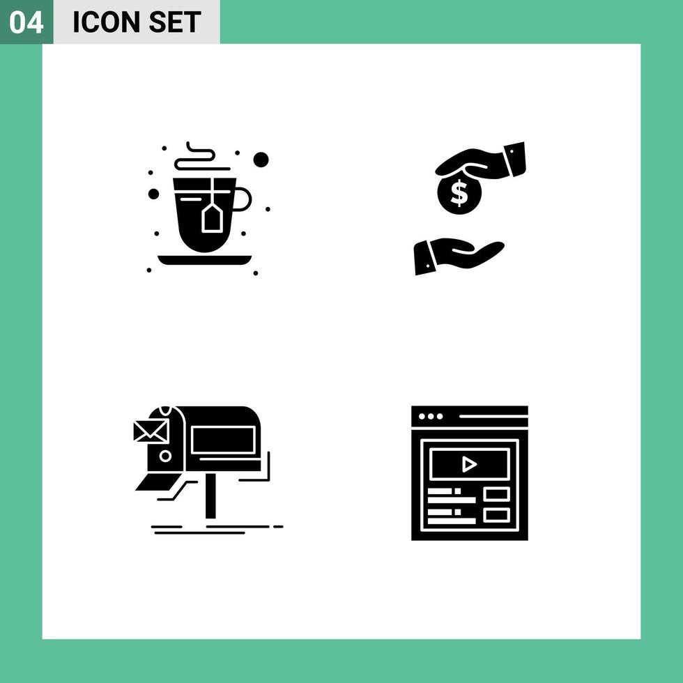 Set of 4 Commercial Solid Glyphs pack for cup marketing bribe corrupt mail Editable Vector Design Elements