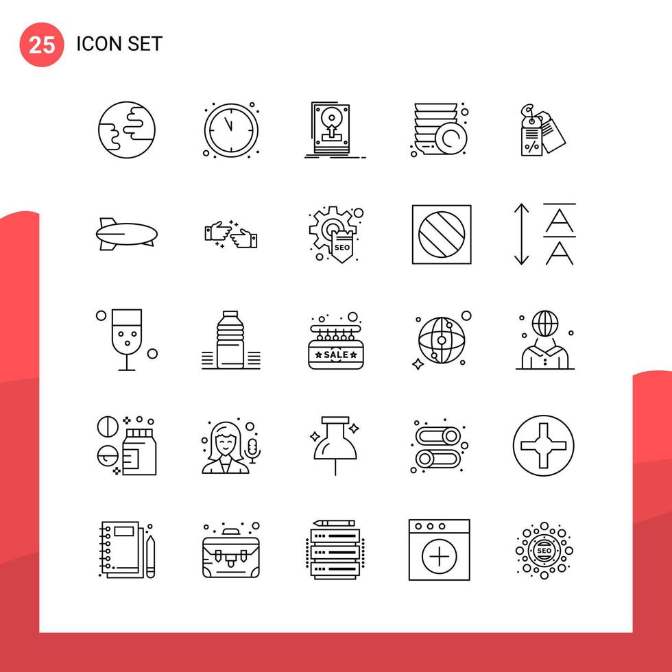 paquete de 25 iconos de contorno universal para medios impresos sobre fondo blanco. vector