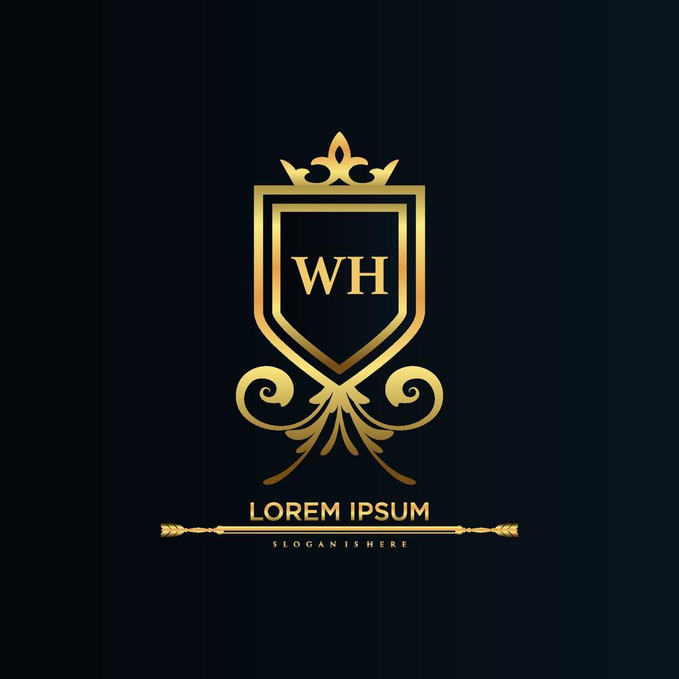 inicial de la letra wh con plantilla real.elegante con vector de logotipo de corona, ilustración de vector de logotipo de letras creativas.