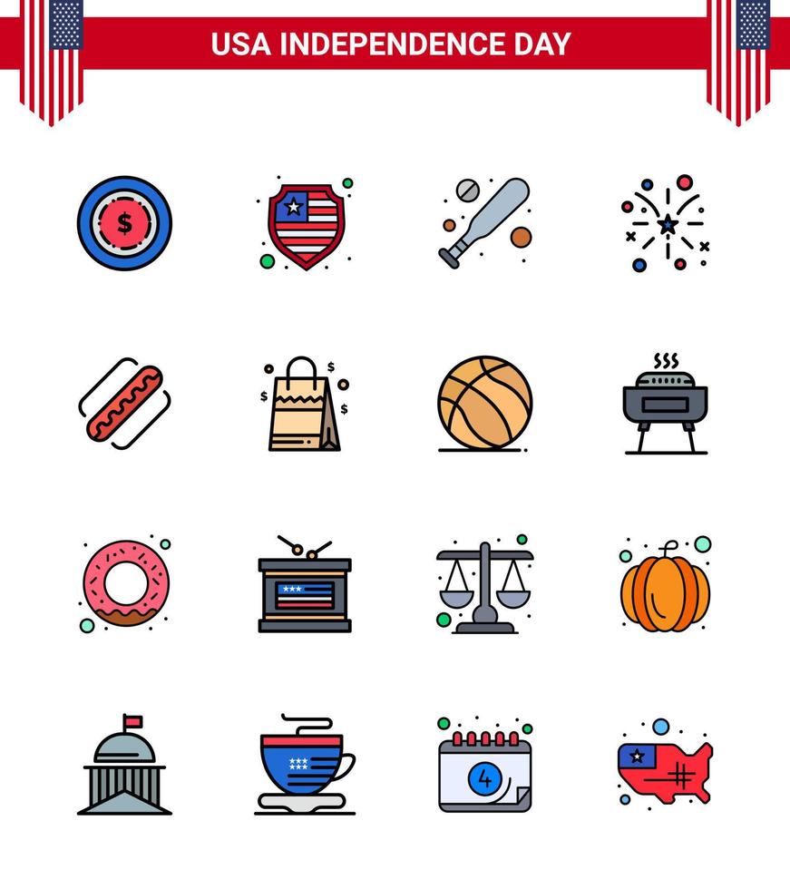 Group of 16 Flat Filled Lines Set for Independence day of United States of America such as bag hotdog hardball american usa Editable USA Day Vector Design Elements