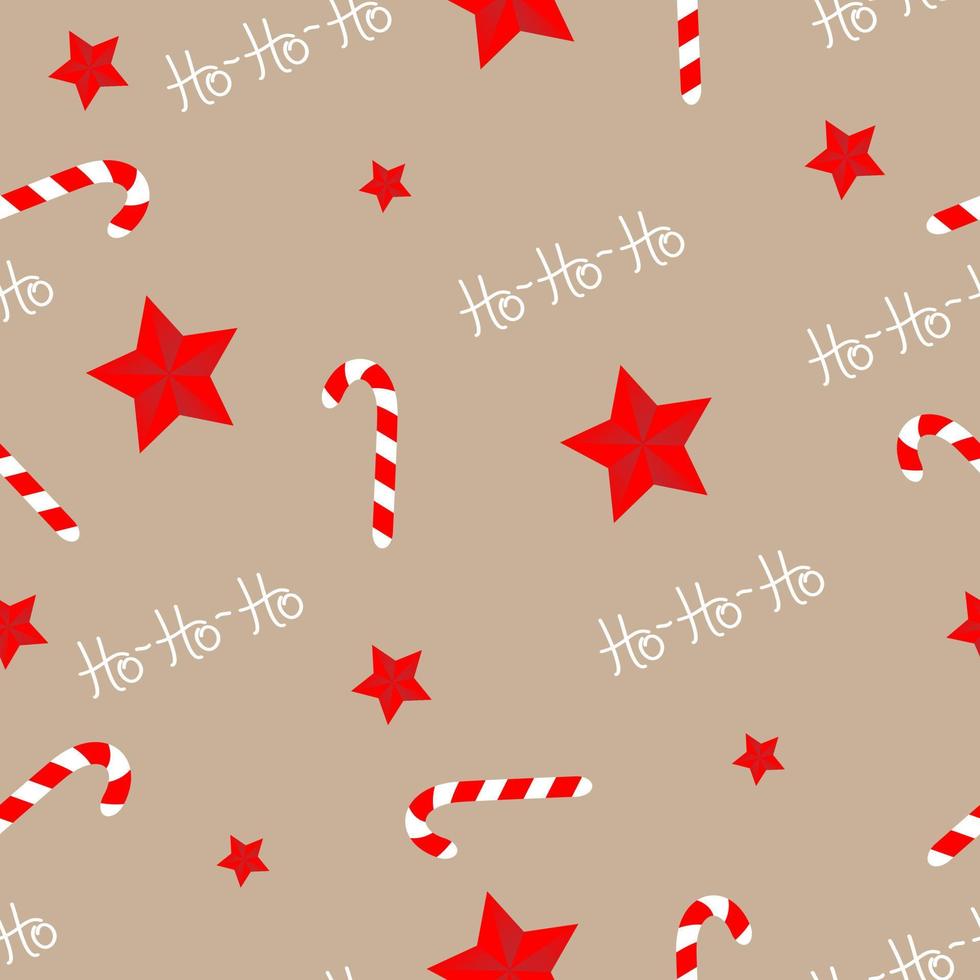 Seamless pattern with red christmas stars, caramel cane on beige background. vector