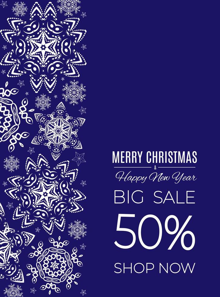 Hello winter. Winter white snowflakes on blue background. Christmas and New year sale banner vector