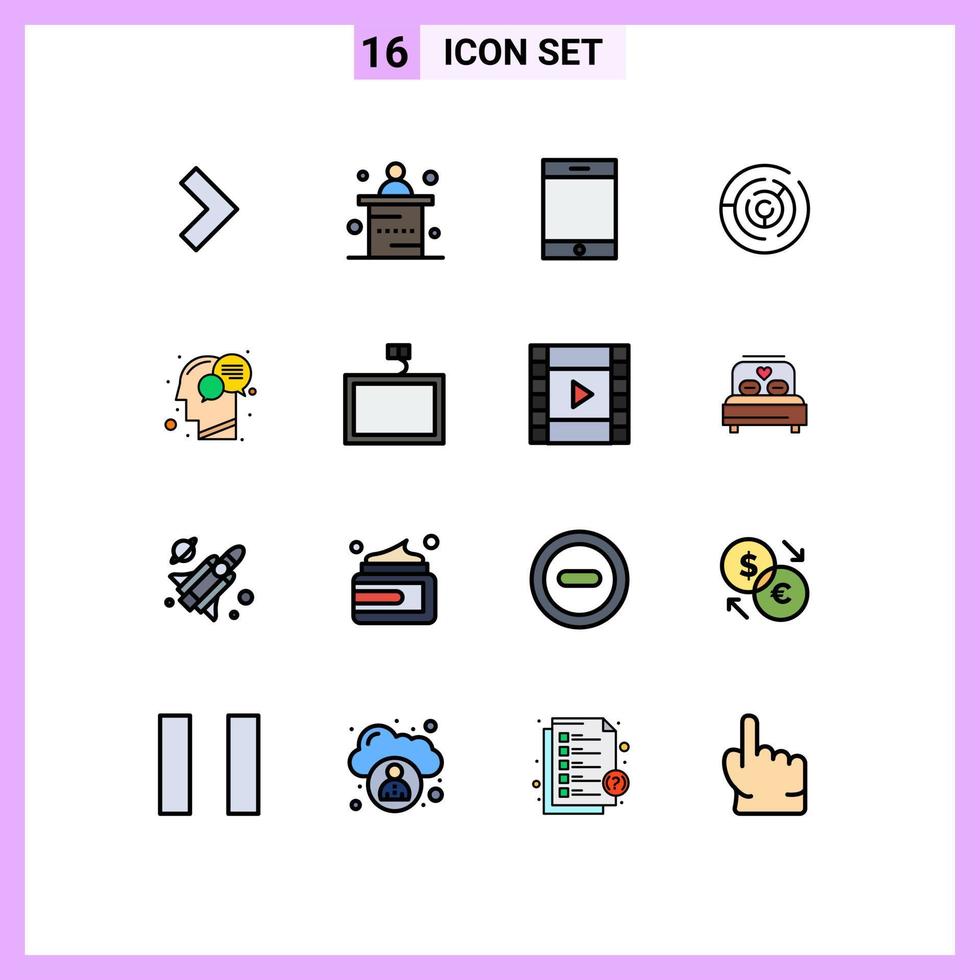 Flat Color Filled Line Pack of 16 Universal Symbols of mind head ipad communication labyrinth Editable Creative Vector Design Elements