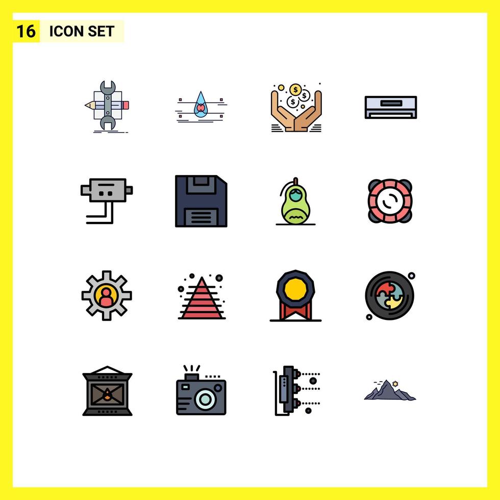 16 Universal Flat Color Filled Line Signs Symbols of technology cooling safety air conditioner money Editable Creative Vector Design Elements