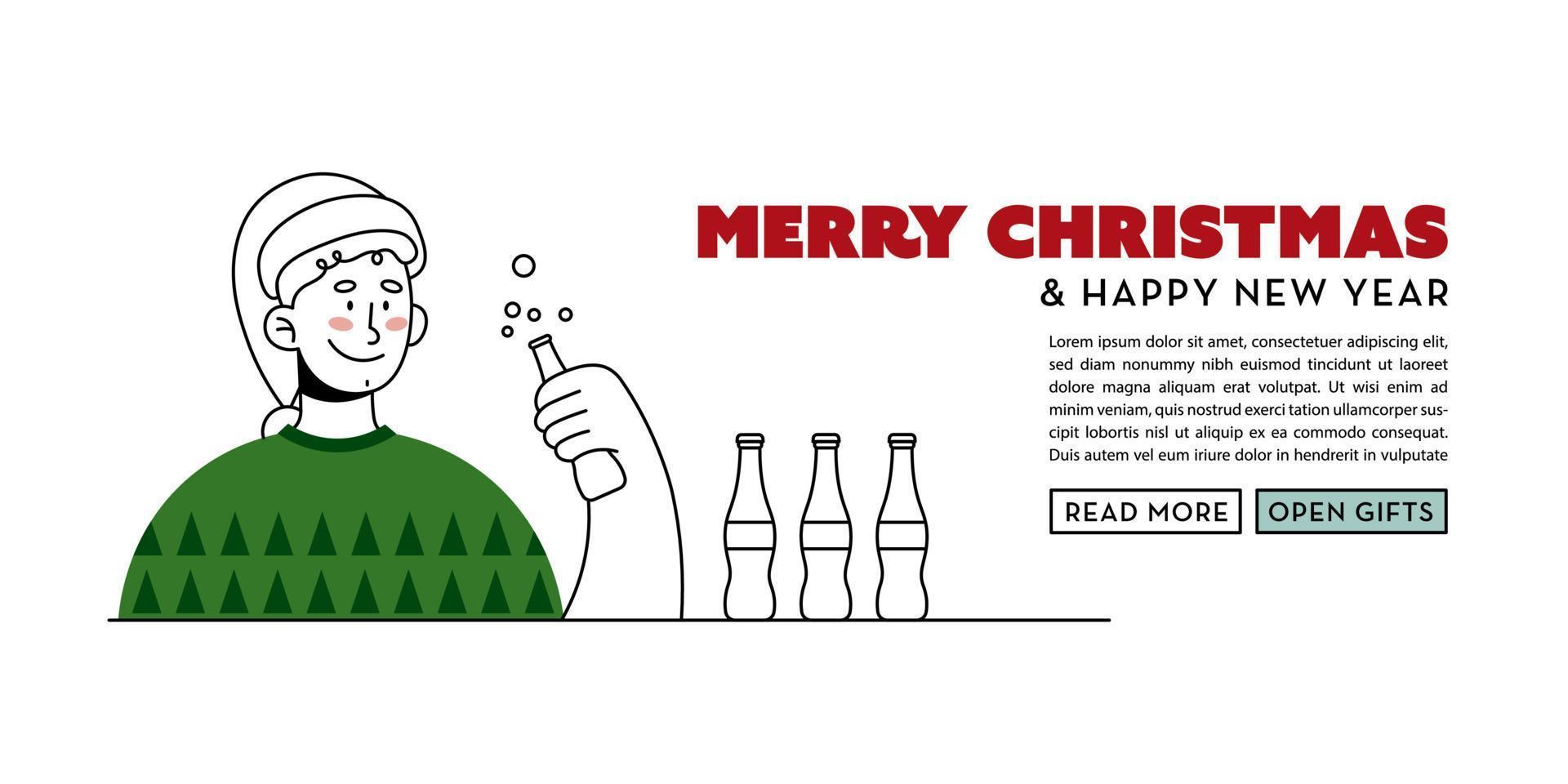 Man holding Glass Bottle. Christmas, New Year celebration. Creative banner, web page, social media post. Vector illustration in outline flat style