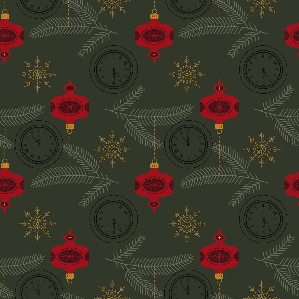 Christmas retro Seamless Pattern with Vintage Glass Ball on Spruce. Flat Vector illustration