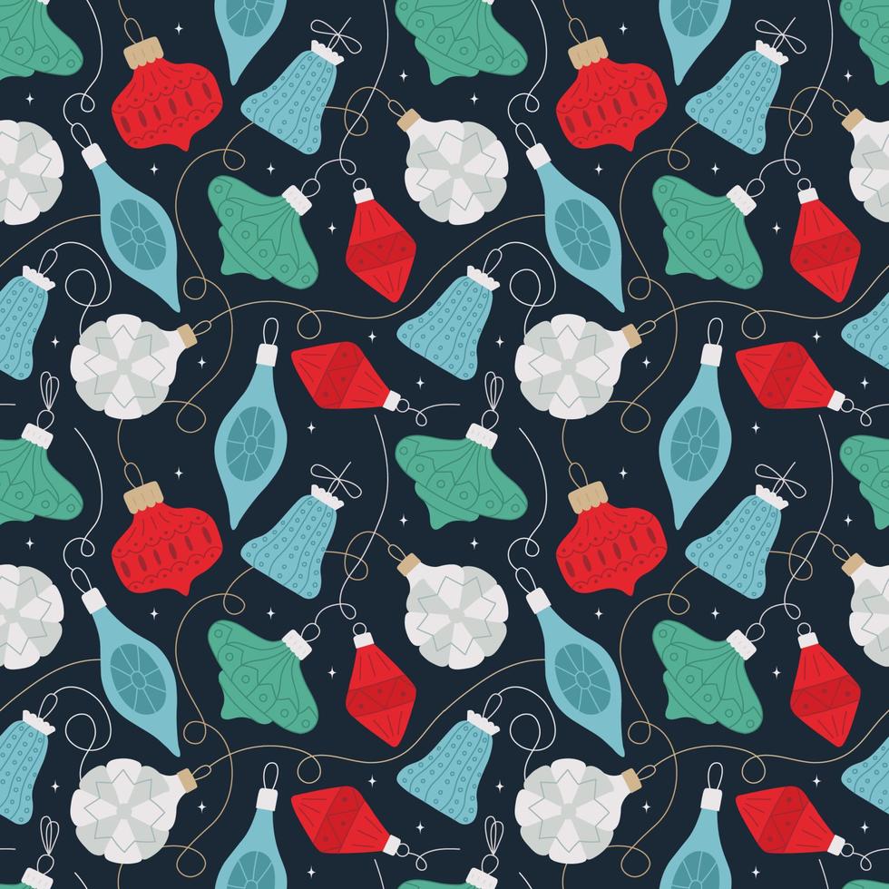 Christmas seamless pattern with glass baubles on strings. Vintage balls and retro decor. Hand-drawn vector illustration