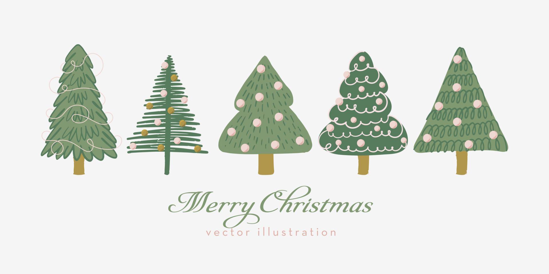 Christmas decorated tree, Spruce fir, or pine tree set. Vector illustration in hand-drawn doodle style