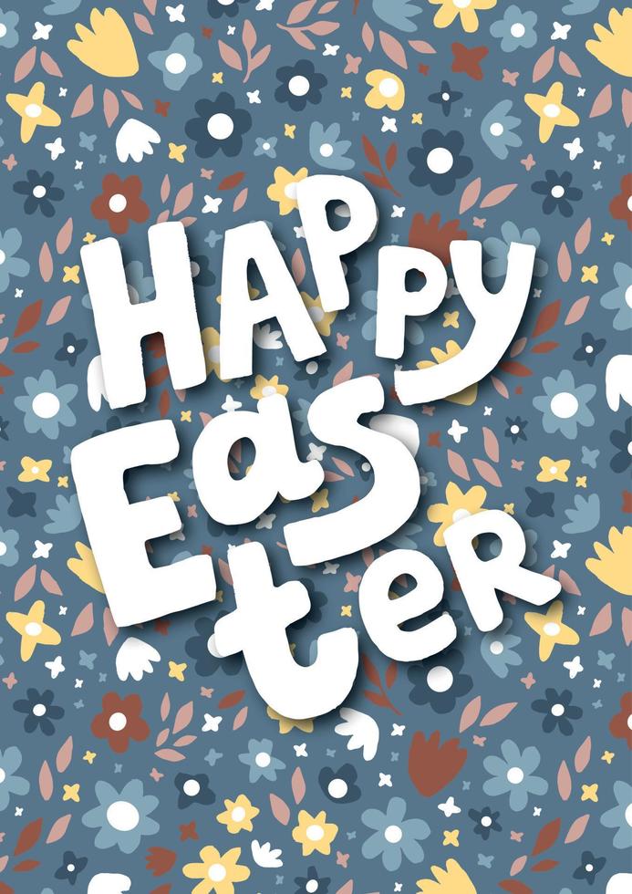 Postcard with inscription Happy Easter and flowers. Cute childish illustration. vector