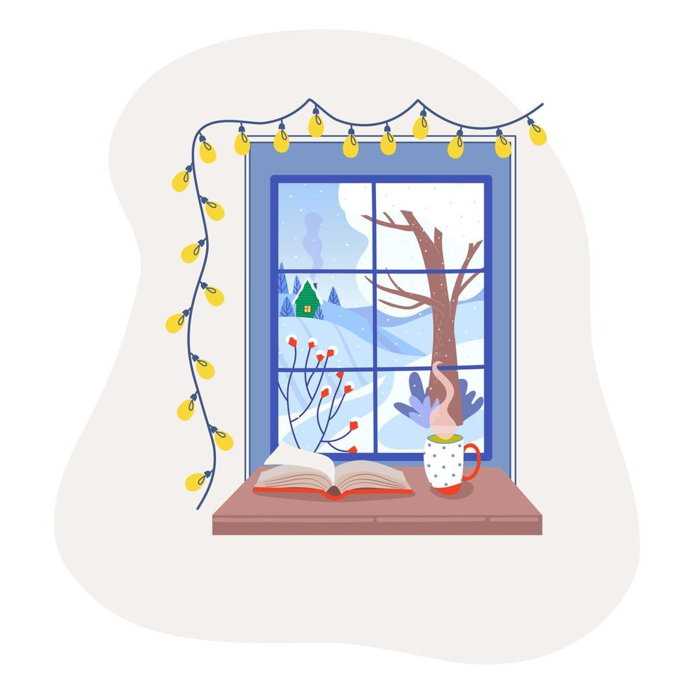 Winter window with rural view, book and cup on the sill. Cozy home concept, hygge time. Lifestyle vector illustration.