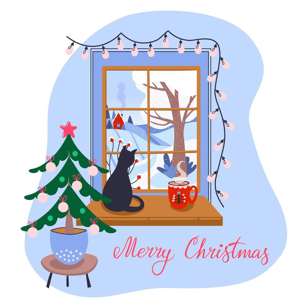 ventana navideña con paisaje invernal, gato sentado en el alféizar de la ventana. decoraciones de vacaciones de invierno. letras de feliz navidad. tarjeta de felicitación o plantilla de póster. vector