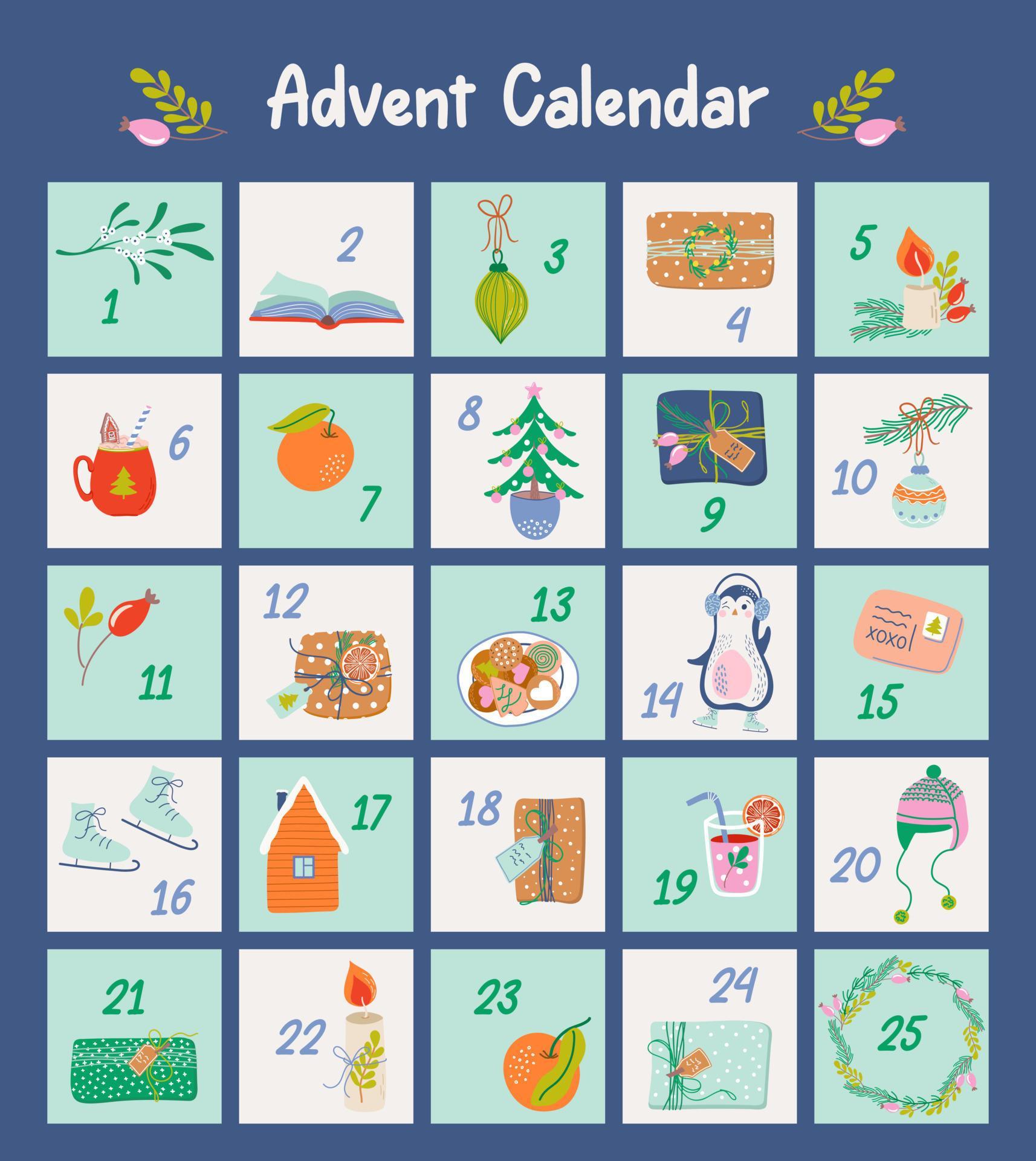 Christmas Advent calendar with cute hand drawn elements. Xmas Poster ...