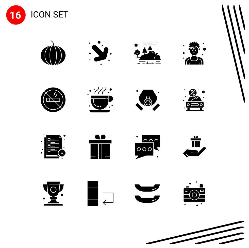 Pack of 16 creative Solid Glyphs of cafe summer mountain hotel man Editable Vector Design Elements