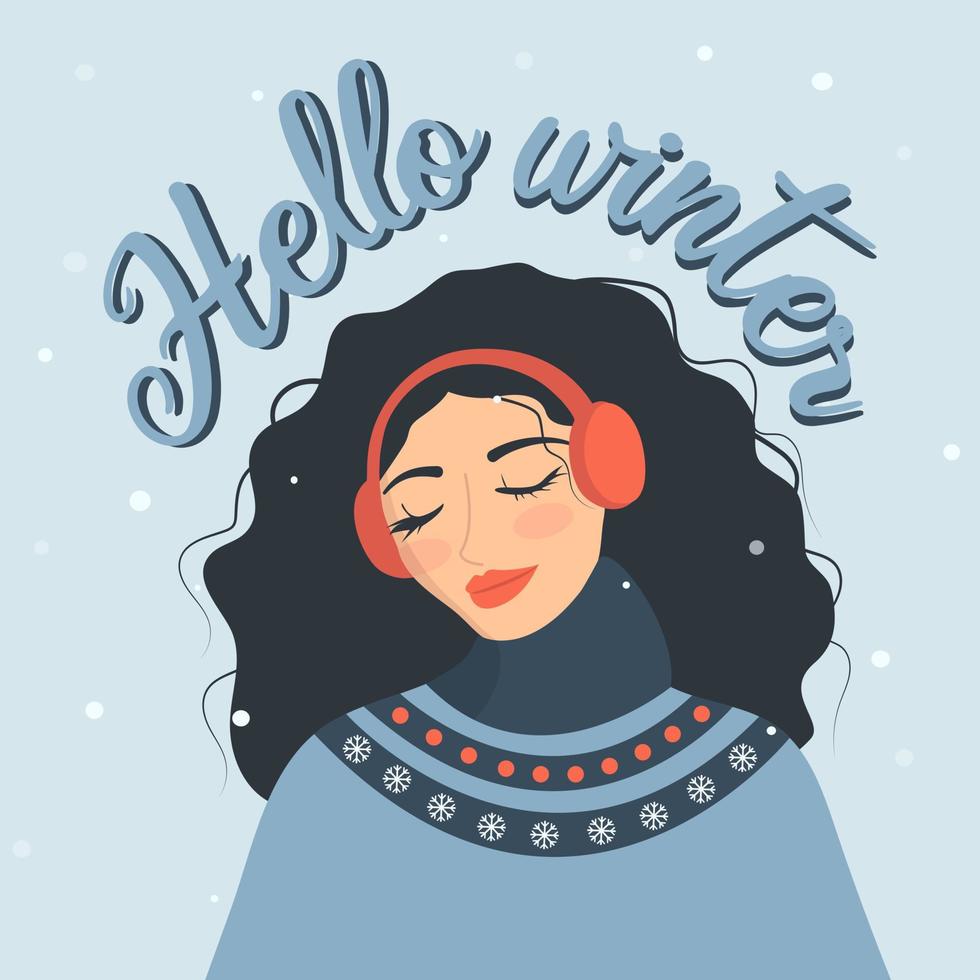 hola tarjeta de felicitación de invierno con linda chica vector