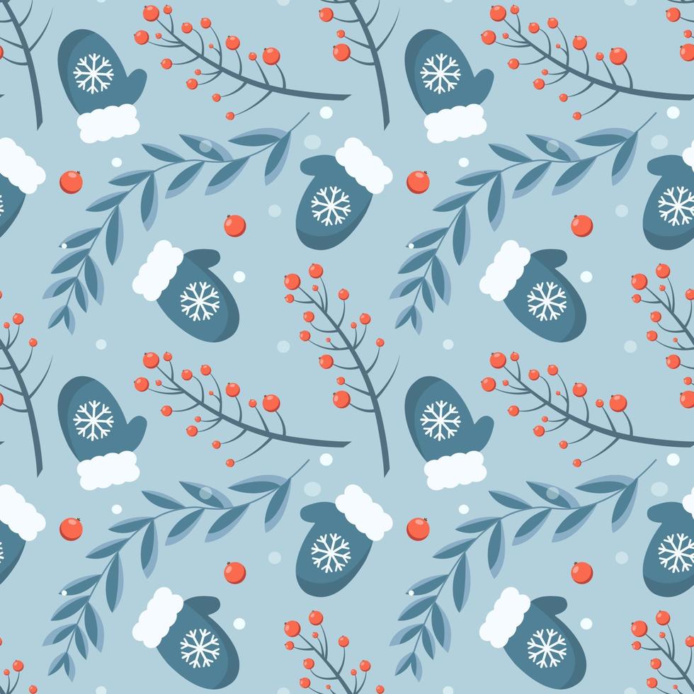 Seamless winter pattern with mittens and red berries vector