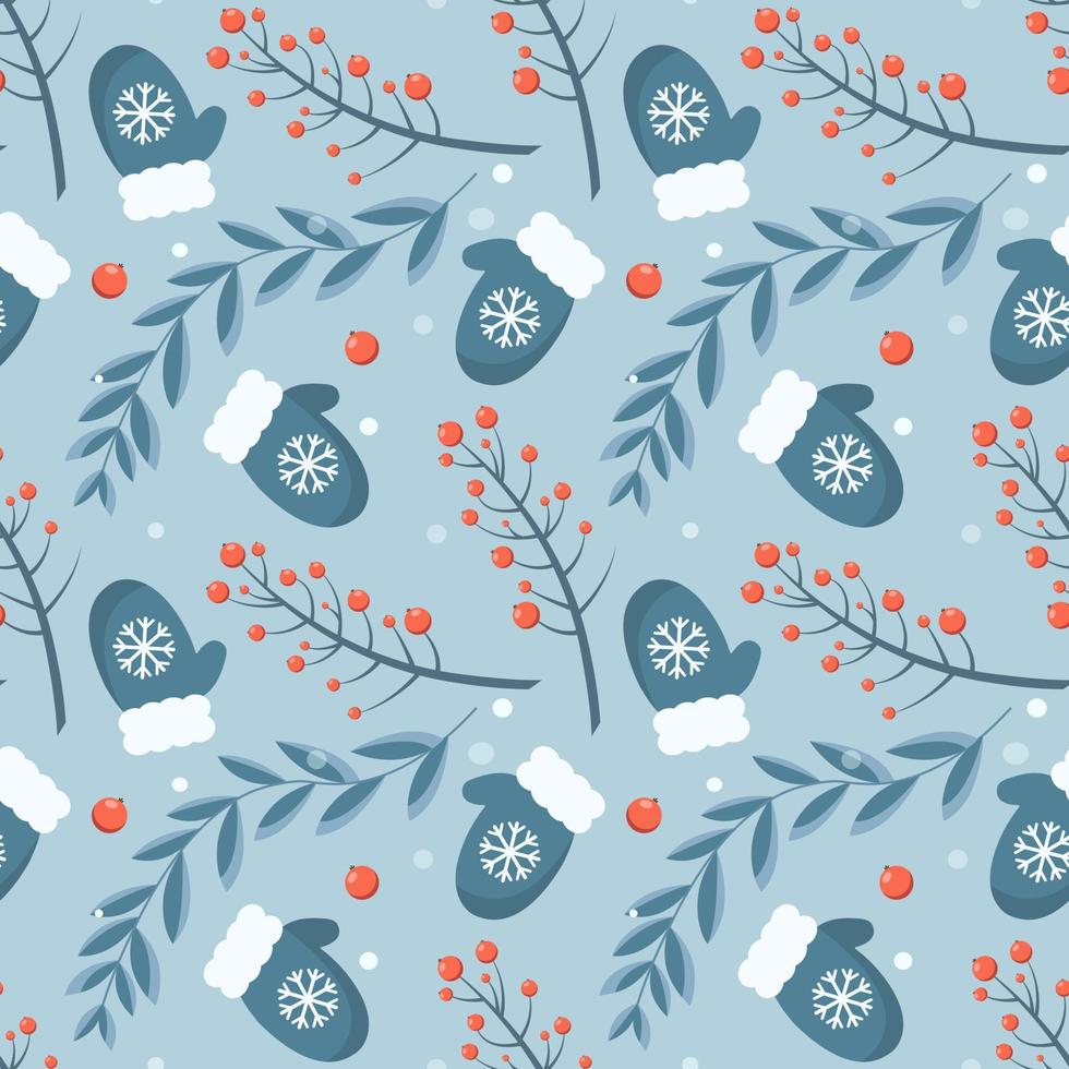 Seamless winter pattern with mittens and red berries vector