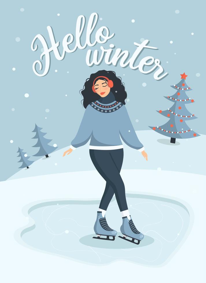 Festive greeting card hello winter with landscape, cute girl ice skating vector