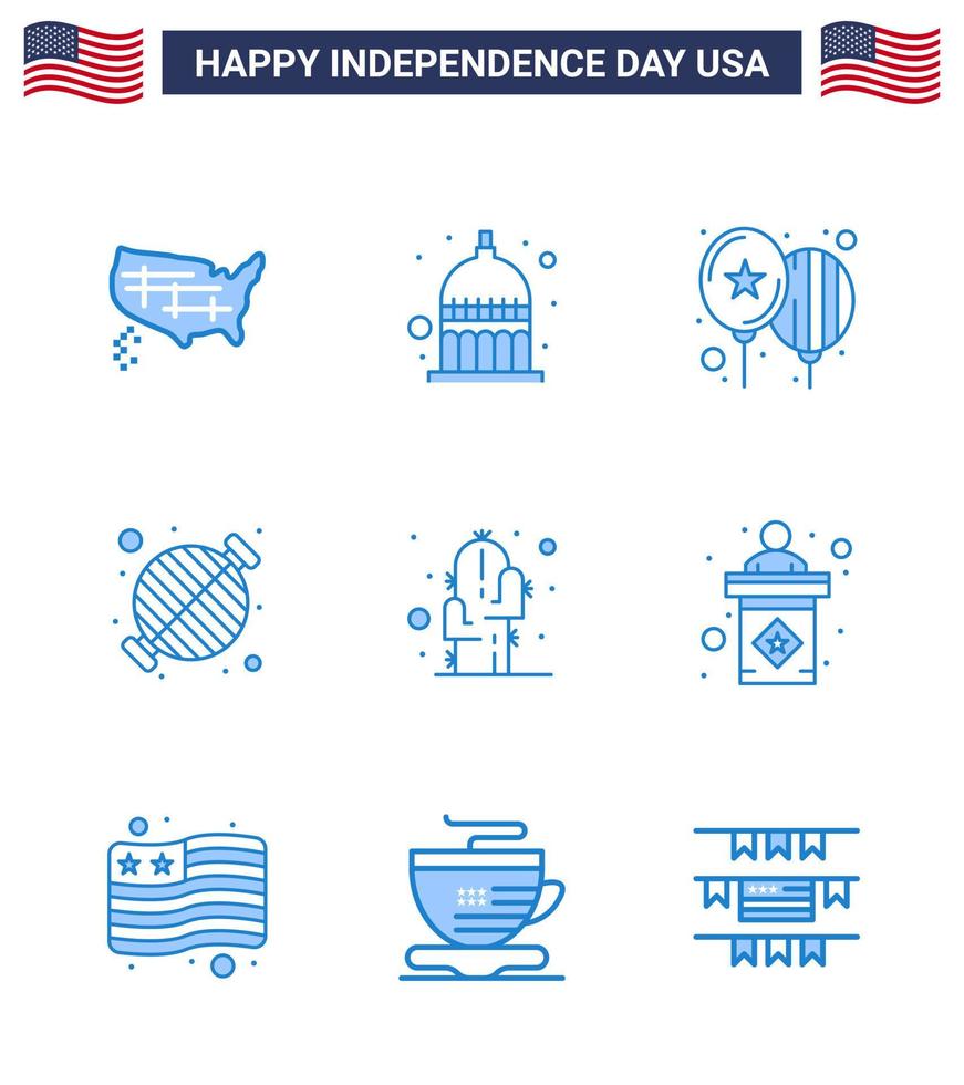 día de la independencia de estados unidos conjunto azul de 9 pictogramas de estados unidos de globos de parrilla de cactus comida de barbacoa elementos de diseño de vector de día de estados unidos editables