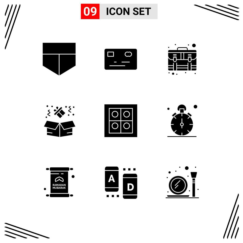 Editable Vector Line Pack of 9 Simple Solid Glyphs of stop stove suitcase kitchen gift Editable Vector Design Elements