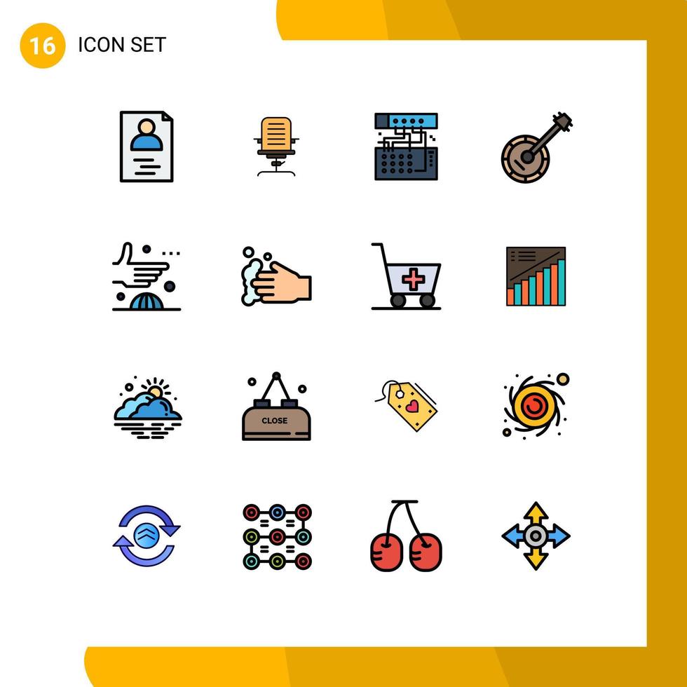 Pictogram Set of 16 Simple Flat Color Filled Lines of music banjo office audio module Editable Creative Vector Design Elements
