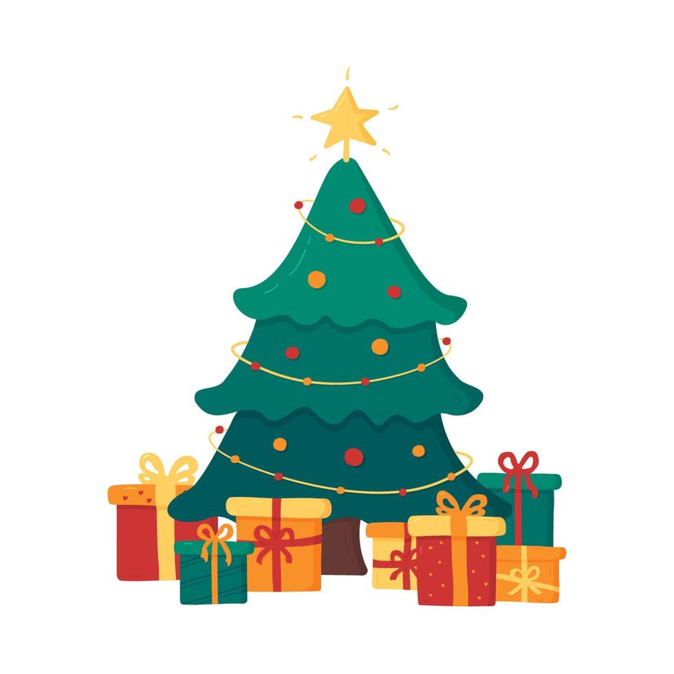 árbol de navidad colorido con cajas de regalo. símbolo tradicional de año nuevo con estrellas, guirnaldas, decoraciones y regalos en estilo de dibujos animados. ilustración vectorial aislado sobre fondo blanco vector