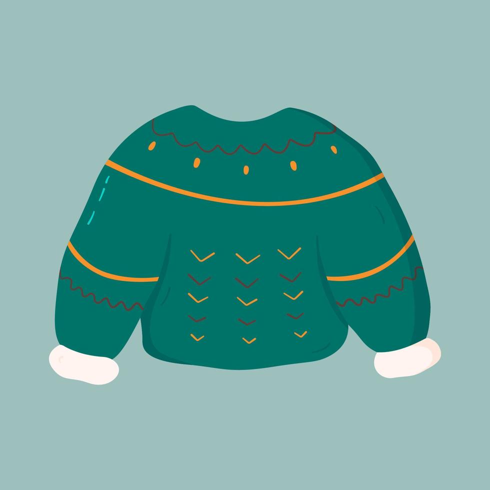 invierno verde, suéter de otoño con patrón. ropa de abrigo aislada en el fondo azul al estilo de las caricaturas. ilustración vectorial vector